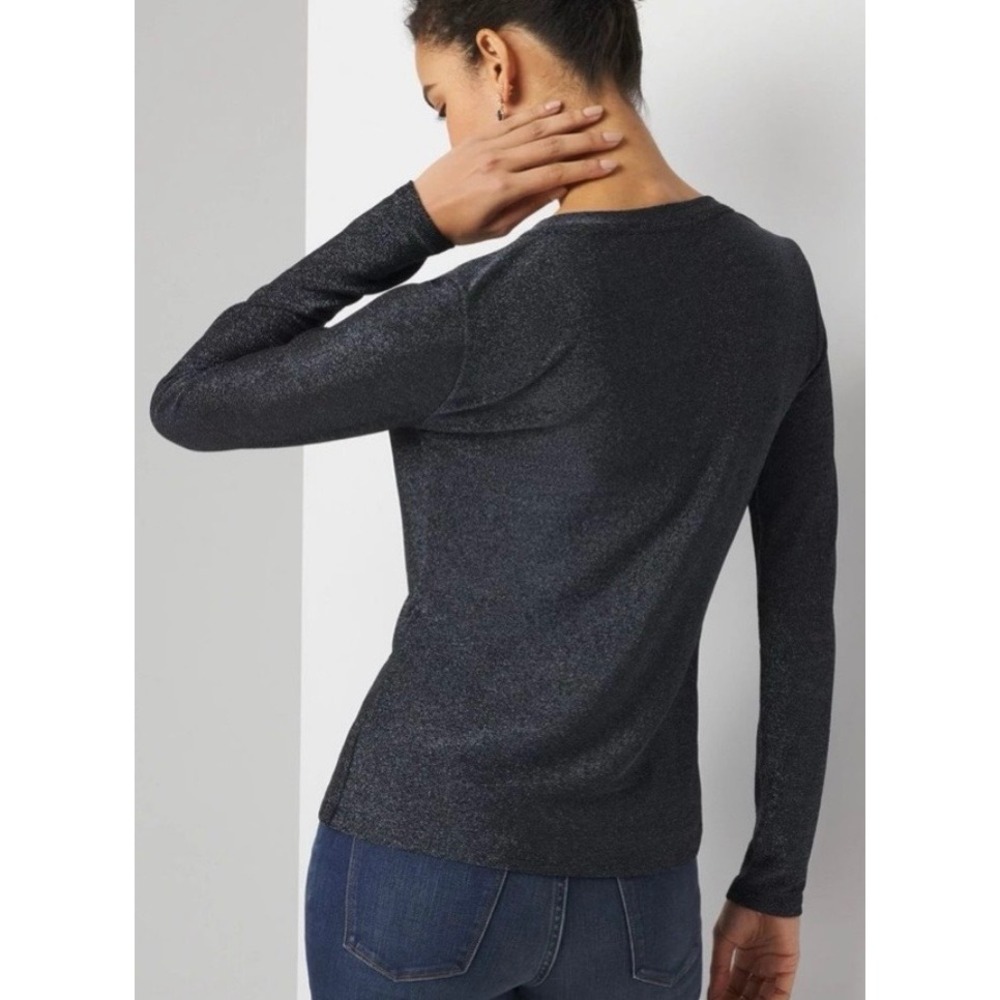 White House Black Market Metallic V-Neck Long Sleeve Top Charcoal Grey Sparkle S - Picture 3 of 8